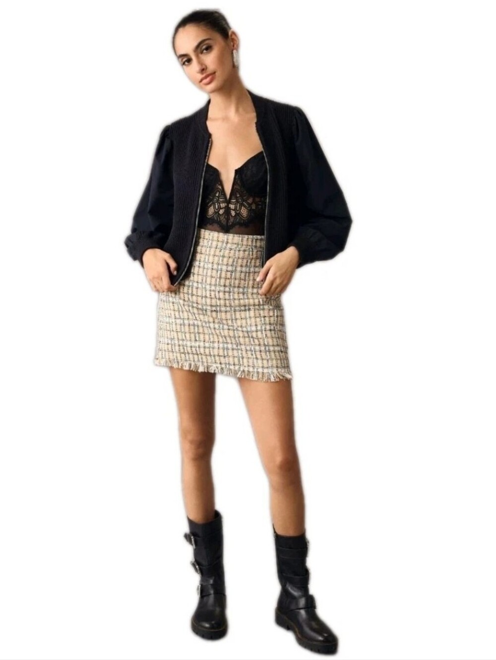 Anthropologie Maeve Puff Sleeve Black Bomber Sweater Zip Up Jacket Size: Small